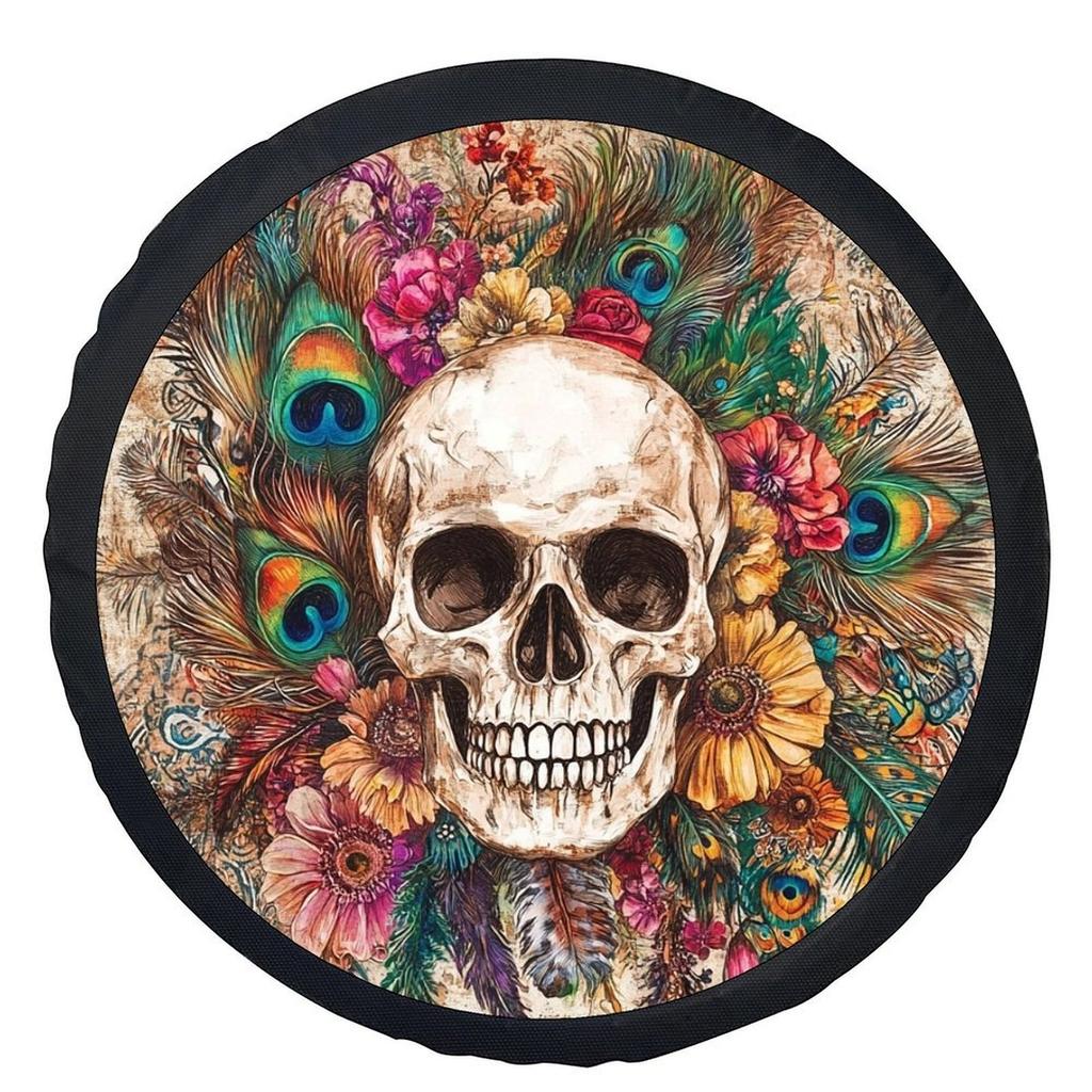 Skull Peacock Feather Floral Tire Cover Bohemian Gothic Wheel Protector Durable Spare Tire Case