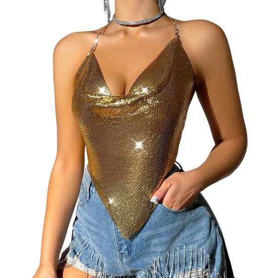 Women Sequin Sling Tops Halter Sleeveless Backless Short Vest with Metal Chain