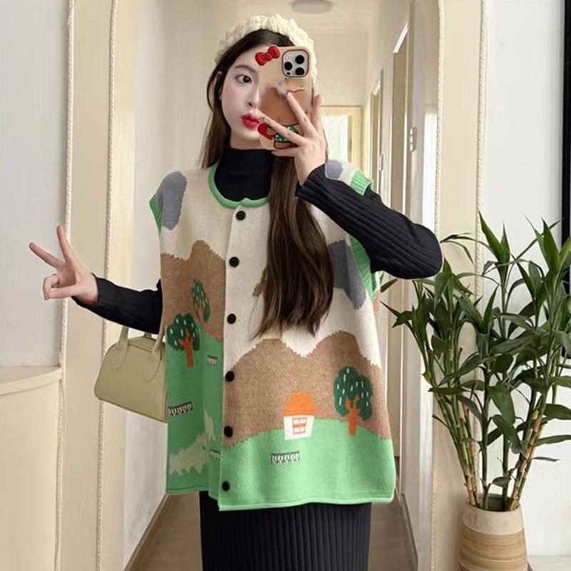 Осенне-зимний кардиган-жилет из жаккардового трикотажа для женщин, оверсайз, без рукавов