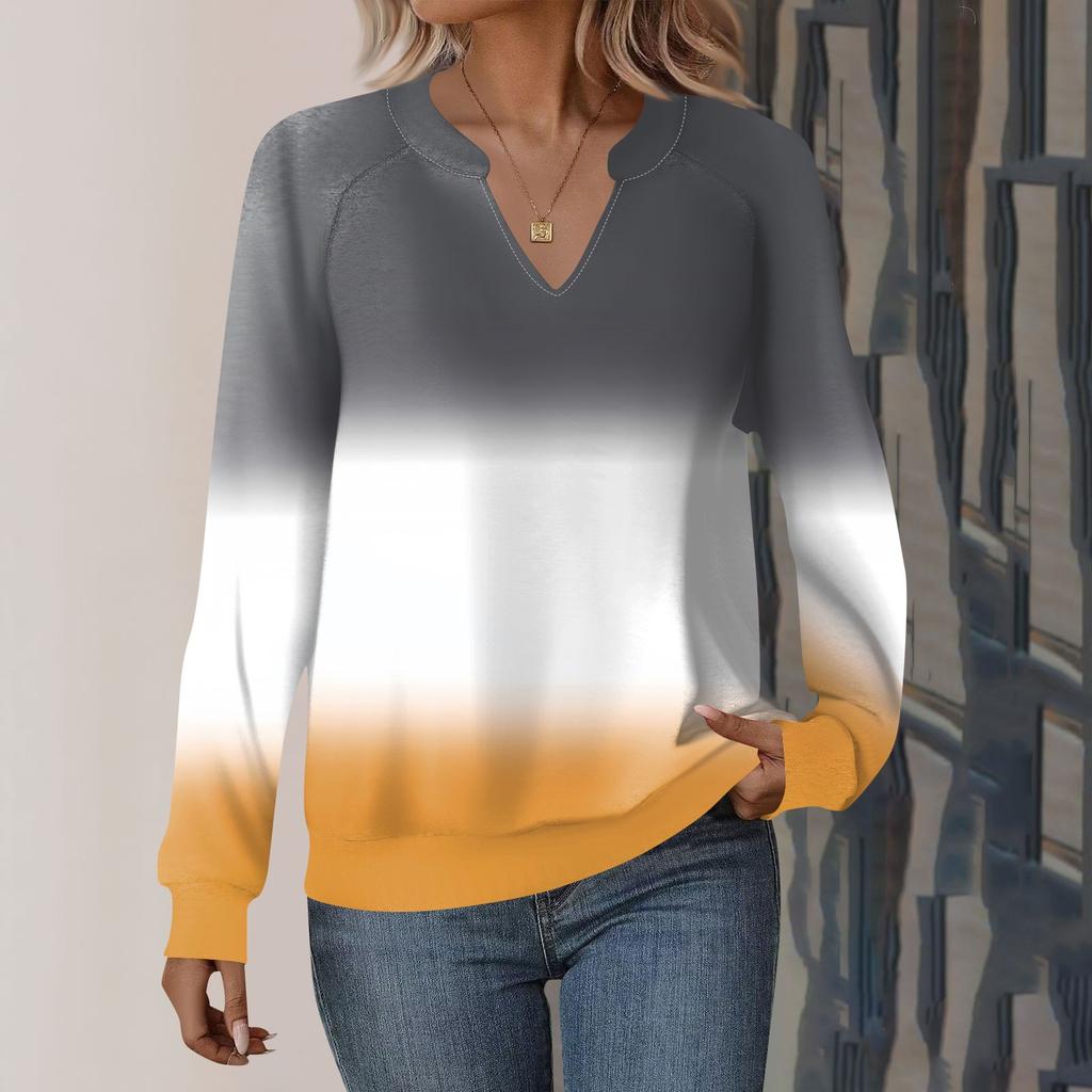 Женская повседневная толстовка с длинным рукавом и V-образным вырезом, свободный пуловер с градиентным принтом