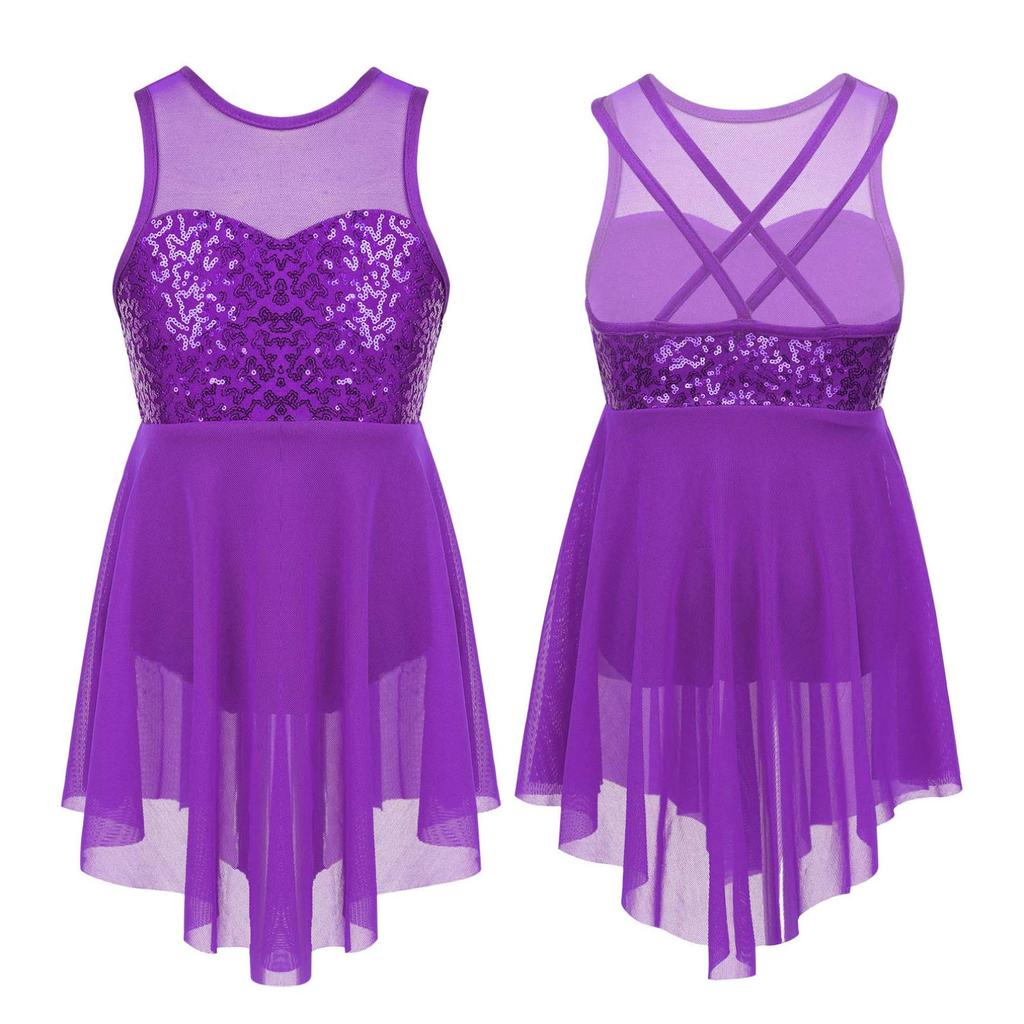 Kids Girls Lyrical Modern Contemporary Dance Costume Sequins Leotard Dance Dress
