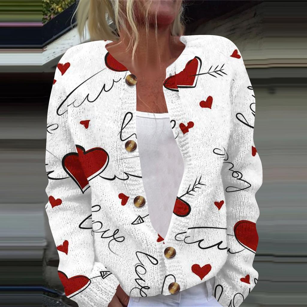 Женская модная принтованная ко Дню святого Валентина трикотажная куртка-кардиган с длинными рукавами на пуговицах