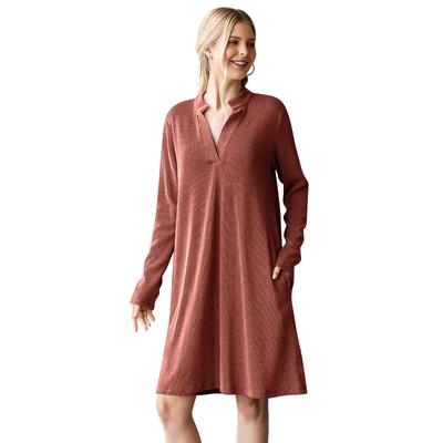 Женское свободное платье с V-образным вырезом и длинными рукавами