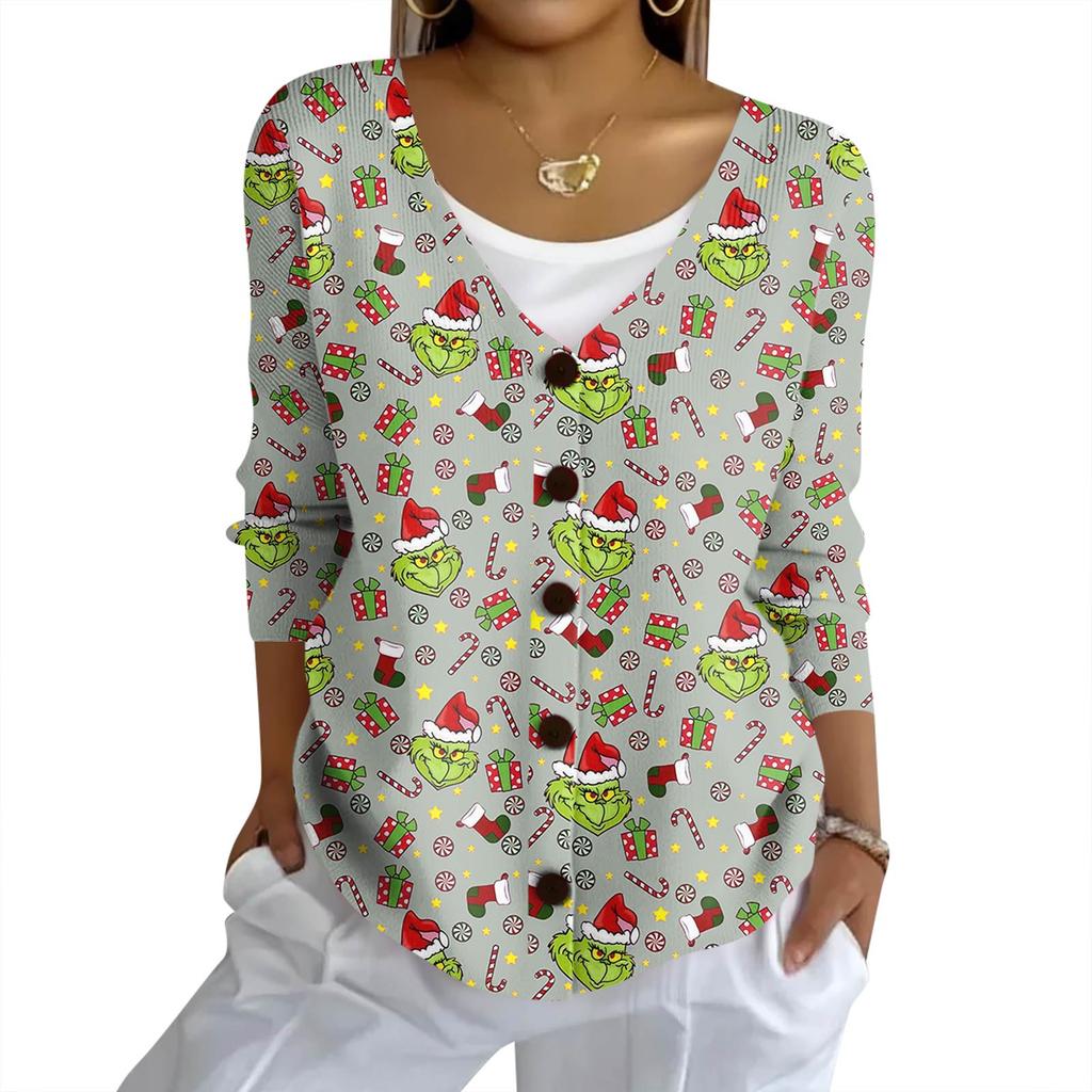 Women's Fashion Casual Knit Sweater Button-Up Christmas Print Cardigan Jacket