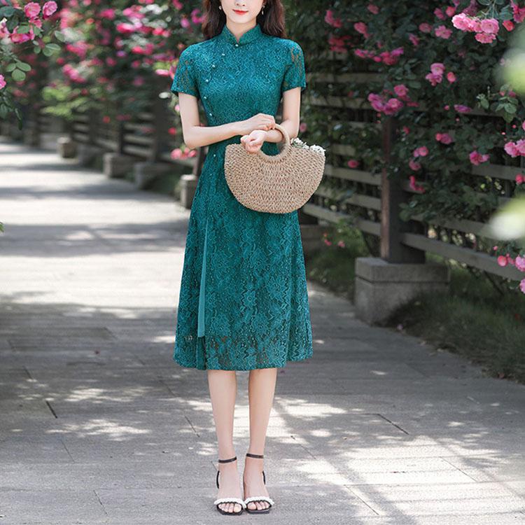 Кружевное повседневное платье Cheongsam средней длины Ao Dai, улучшенное тонкое платье в китайском стиле в стиле ретро