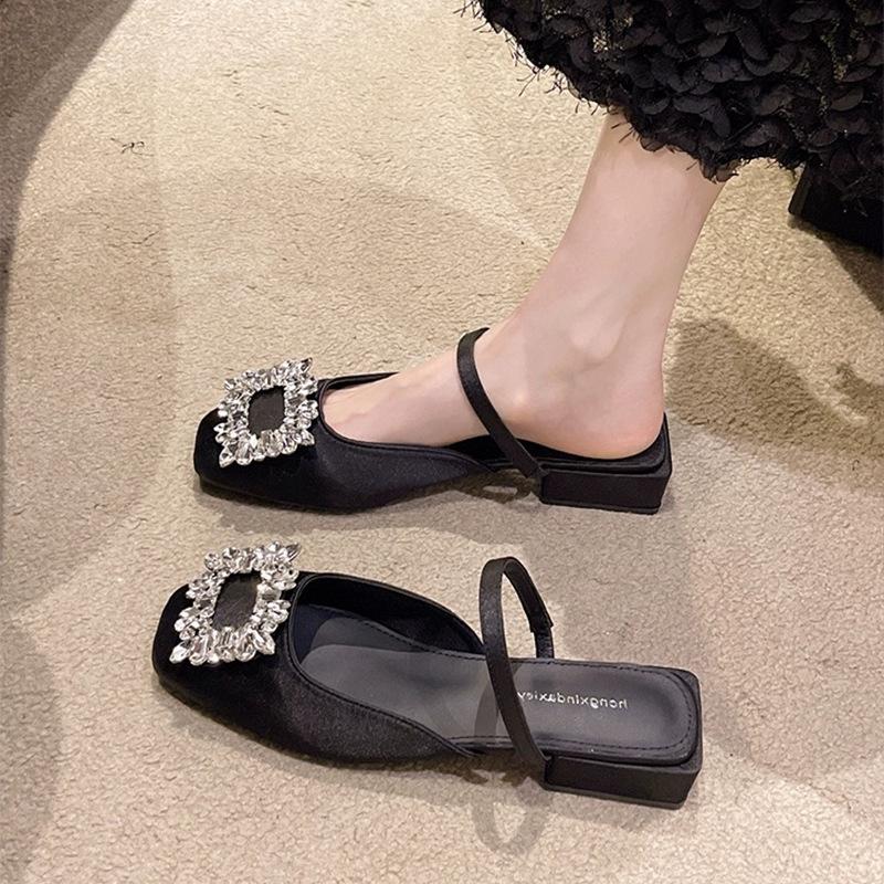 Baotou Half Slippers Women's Summer Wear Silver Rhinestone Sandals 3 Cm Small Heel Thick Heel Square Head Muller French Sandals
