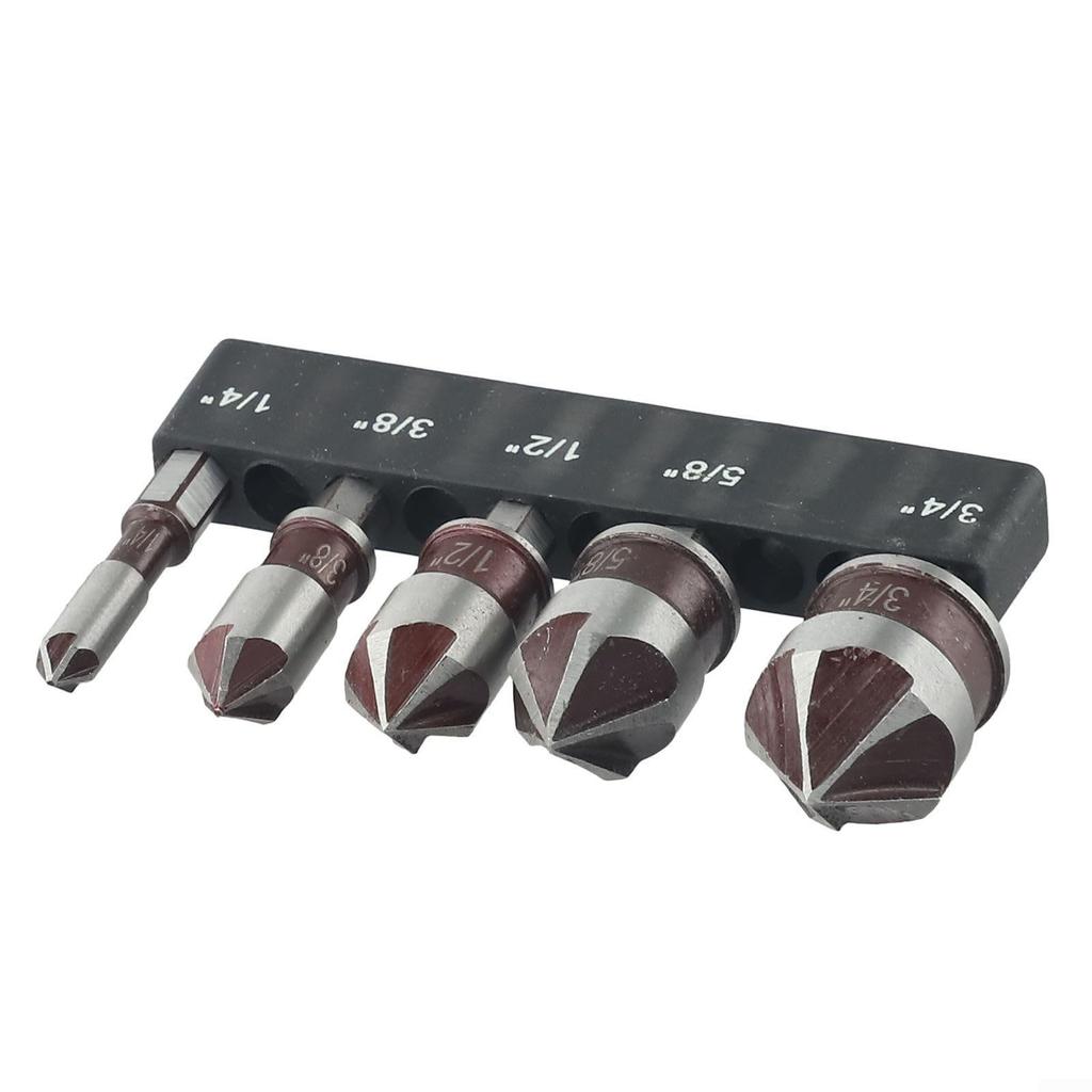 5 Piece Hex Shank 82 Degree 5 Flute Countersink Drill Bit Set For Metal Wood Plastic With Durable Construction And Reduced Vibration