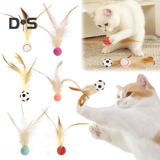 1 Pc/3 Pcs Interactive Feather Ball Toy Mini Bouncy Basketball Soccer Baseball with Feather Pet Training Catcher Toy for Indoor Cats