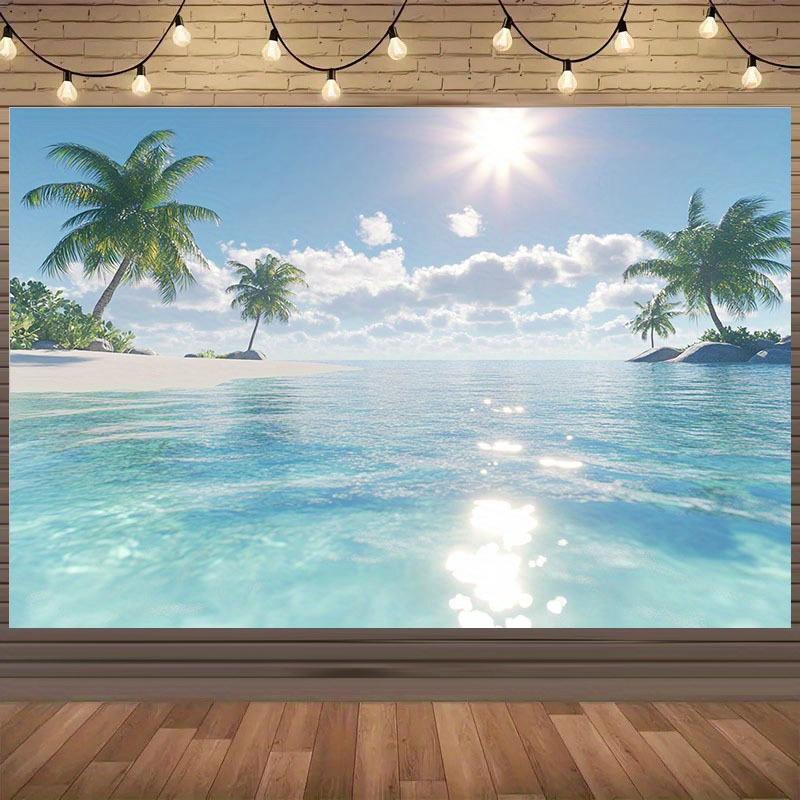 1 piece of tropical island beach backdrop - vivid and realistic palm trees and turquoise water design, no electricity required