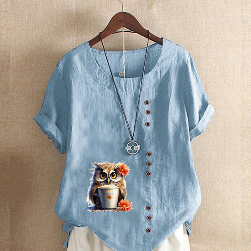 Women's Fashion Cartoon Owl Prined Short Sleeve T-shirt Loose Cotton Shirt Casual Loose Summer Blouse Tops Plus Size