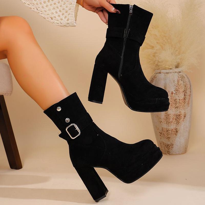 Sexy Super High Heel Platform Boots Women Black Apricot Faux Suede Ankle Boots Woman Buckle Detor Zipper Up Booties Ladies