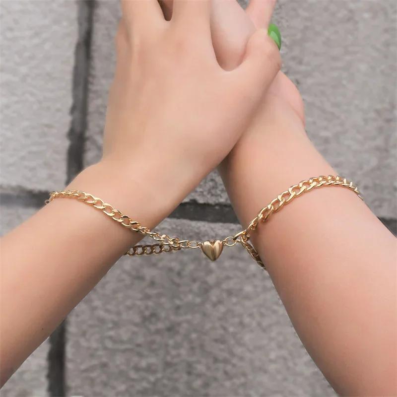 Fashion Simple Heart Shape Magnetic Couple Bracelet Silver Color Personality Vintage Women Man Promise Bracelet Lover Jewelry
