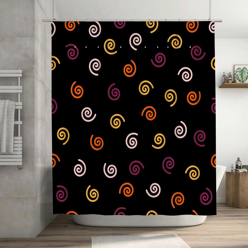 Жуткий Декор для Ванной на ХэллоуинЧерная Шторка для Душа с Фиолетово-Оранжевым Спиральным Узором для Октябрьской Праздничной Атмосферы Занавеска для Ванны