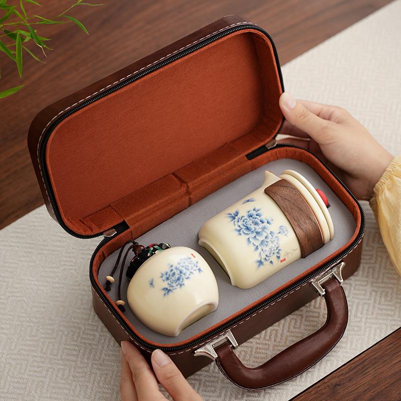 Premium Ru kiln travel business trip tea set Tianxiang Peony portable car ancient rhyme tea set can be customized gifts