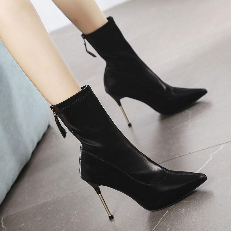 Модная черная обувь женская обувь на высоком каблуке с острым носком женские сапоги элегантные каблуки до середины голени полутренд 2024 зимняя новинка готика