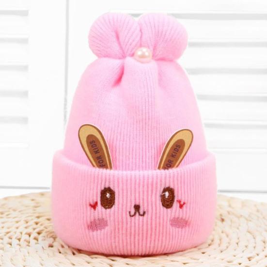0-6 Месяцев Вязаная Шапка Ушки Кролика Вышивка Лицо Плиссированный Верх Декор Имитацией Жемчуга Эластичная Защита Ушей Более Плотная Осень Зима