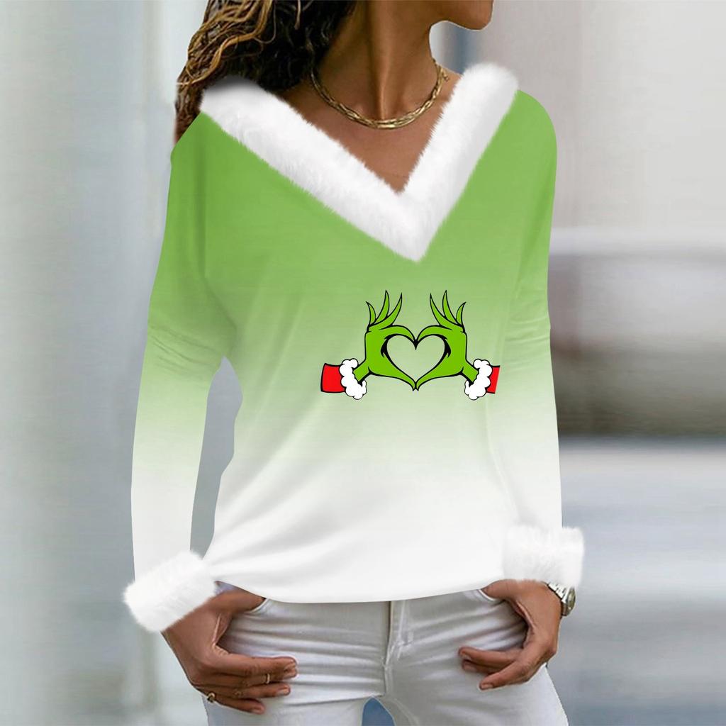 Женская футболка, рождественская рубашка с длинным рукавом, вечерние, рождественский флисовый воротник, топ с v-образным вырезом