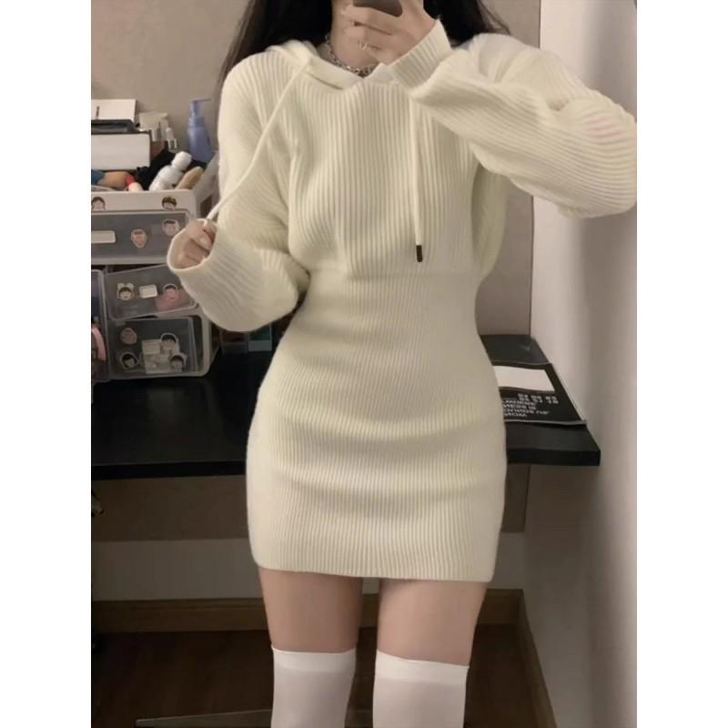 Women Winter Dress Knitted Sweater Solid Slim Elastic Hoodie Dress High Waist Vintage Pullovers Sniper Style Mini Dress Korean