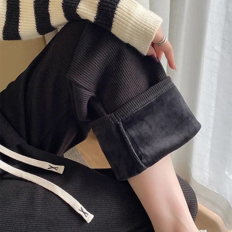 Осенне-зимние женские повседневные теплые брюки, плюшевые и утепленные вельветовые брюки, широкие брюки, коричневые прямые брюки