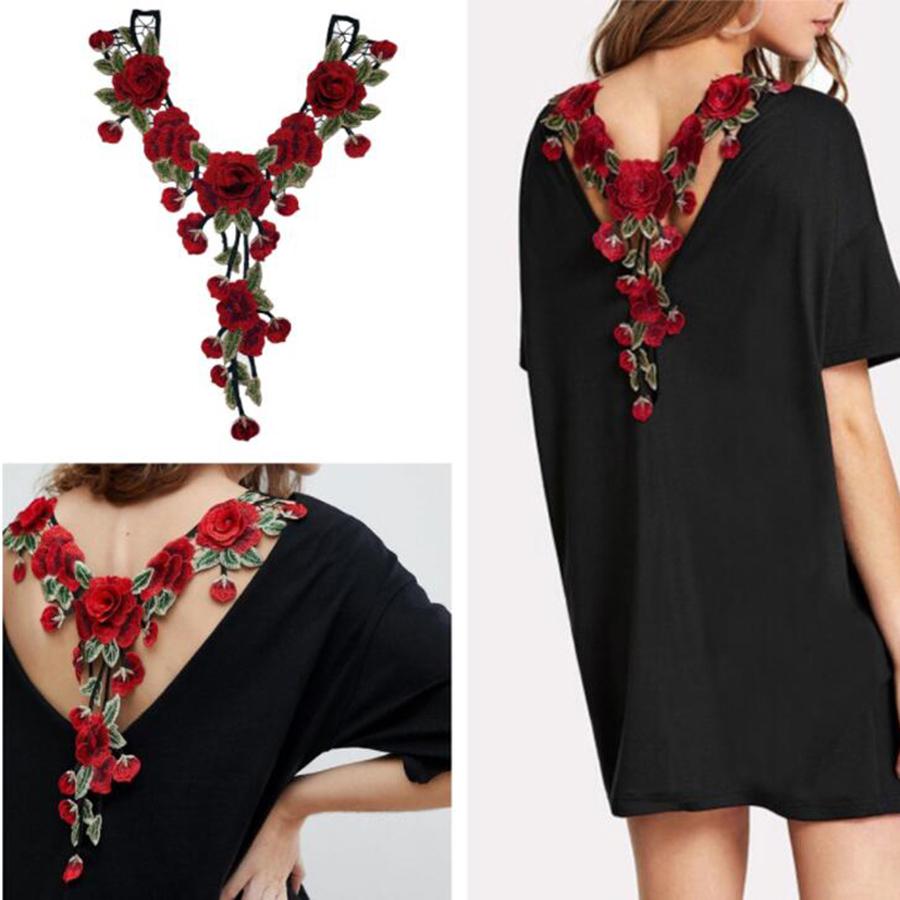 1 шт. Вышитый цветок Красная роза Кисточка Воротник Флора Лист Аппликации для платья Швейная нашивка Украшение свадебного платья