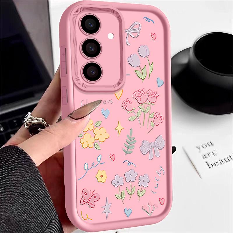 Cartoon Floral Print TPU Shockproof Matte Case For Samsung S25 Ultra S24 FE S23 Plus A56 A36 A16 A15 A55 A06 Soft Silicone Lens Protection Phone Cover
