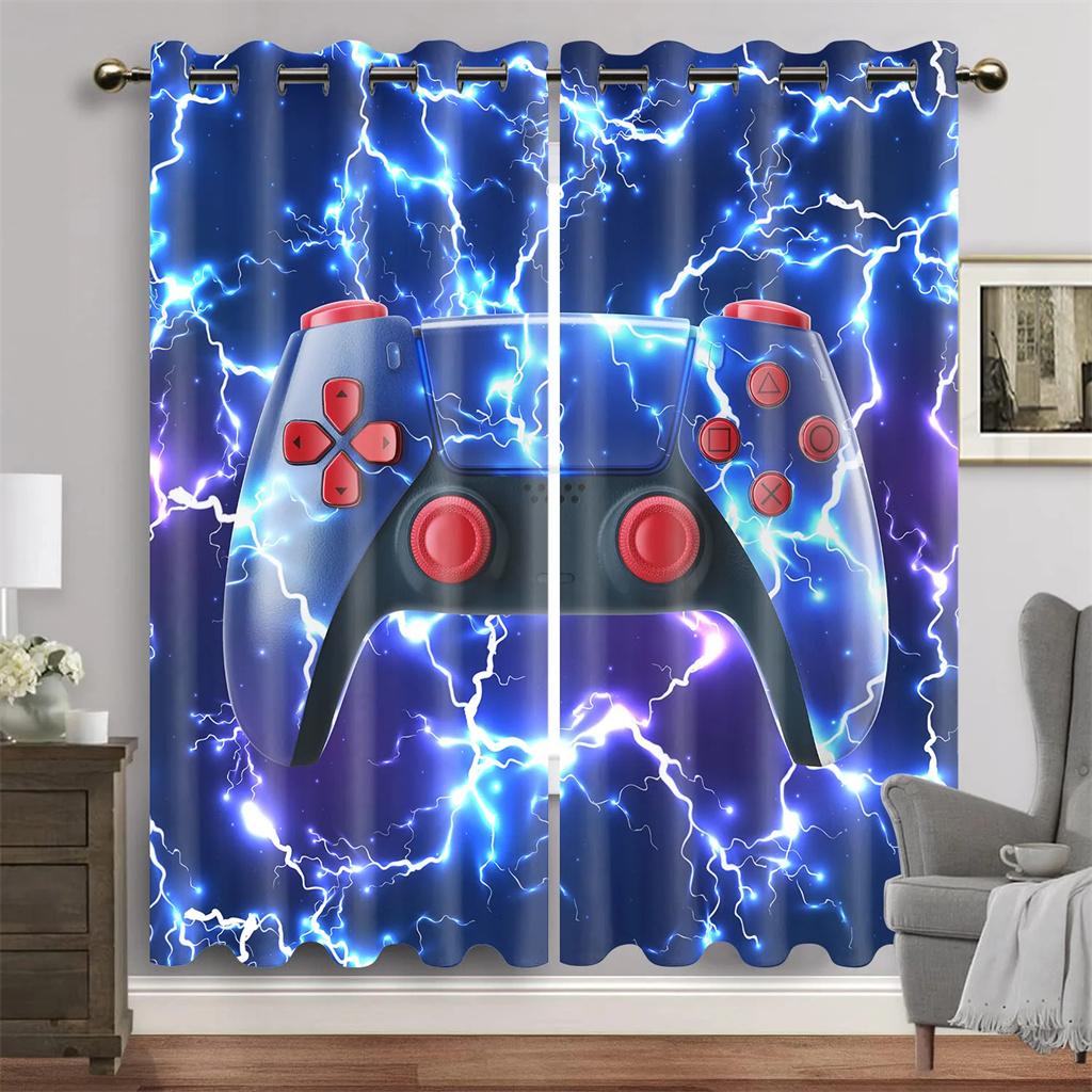 2-панельные шторы с принтом геймпада для киберспортивной комнаты Большие окна Жалюзи от пола до потолка Верхние шторы с люверсами Шторы