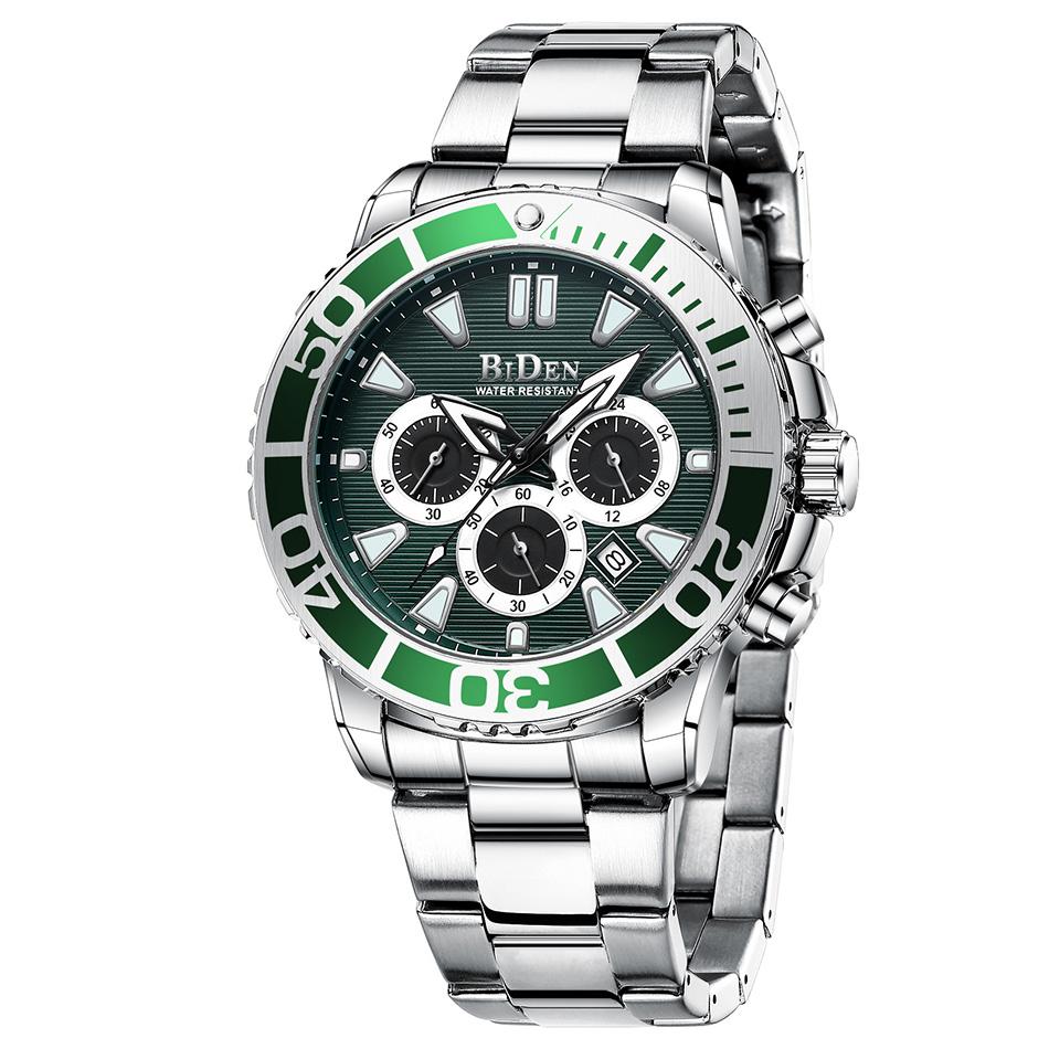 Fashion Men Casual Watches Silver White Stainless Steel Calendar Sport Military Male's Watch Blue Glass BIDEN Brand Clock
