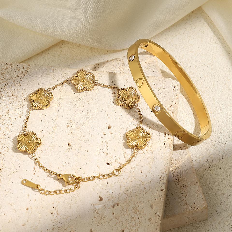 ZAKOL Fashion Five-leaf Flower Stacked Bracelet Bangle for Women Elegant Versatile Stainless Steel Zircon Gift