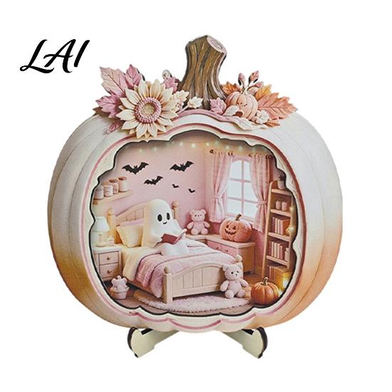 Indoor Fall Tabletop Centerpiece Halloween Ghost Pumpkin Wooden Plaque 2D Flat Sign Gift for Lovers Spooky Bathing Reading Ornament Home Office
