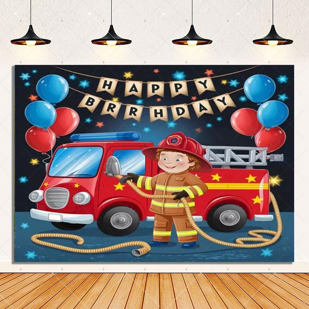 Firetruck Theme Background Banner Firefighter Hero Boy Birthday Party Decoration Baby Shower Backdrop Supplies Photography Prop