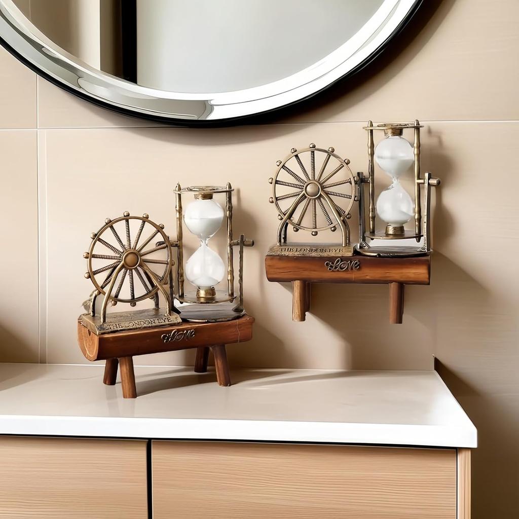 Винтажные песочные часы в виде колеса обозрения в стиле стимпанк - Ручная работа, деревянный декор для стола, сенсорная игрушка ASMR, экологичный подарок в премиальной упаковке (7.8x5.7x2.5 дюйма)