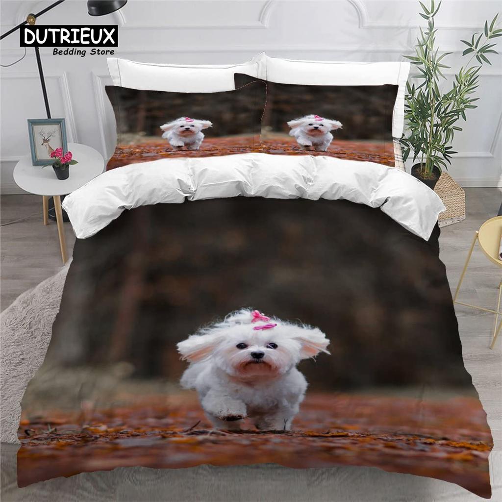 Cute Maltese Dog Duvet Cover Set Pet Dogs Theme Bedding Set Microfiber Kawaii Animal Comforter Cover Twin King For Kids Teens