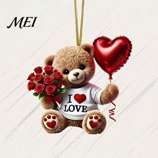 Acrylic Rose Decoration Teddy Bear Hanging Ornament, Holding Heart Balloon Red Bouquet Decoration, Ornament Car Rearview Mirror 2D Flat Pendant