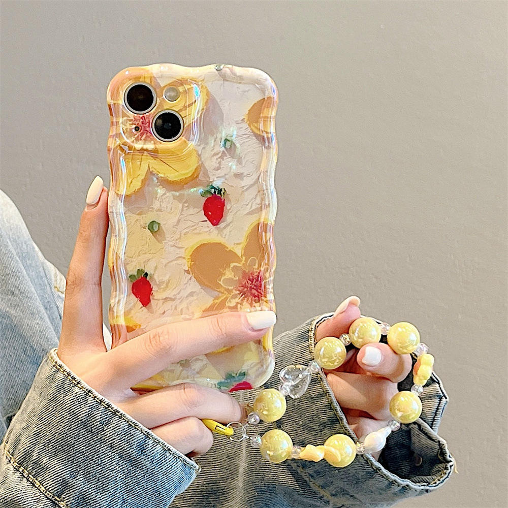 Waterproof and Shockproof TPU Colorful Flower Phone case for iPhone 15 Pro Max Wrist Strap 14 Protective case
