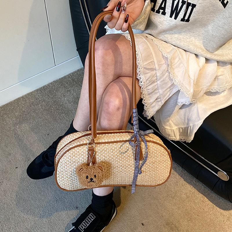 Yogodlns Весенняя новая простая летняя пляжная сумка через плечо с бантом для поездок на работу и отдыха, универсальная плетеная соломенная сумка подмышкой для женщин