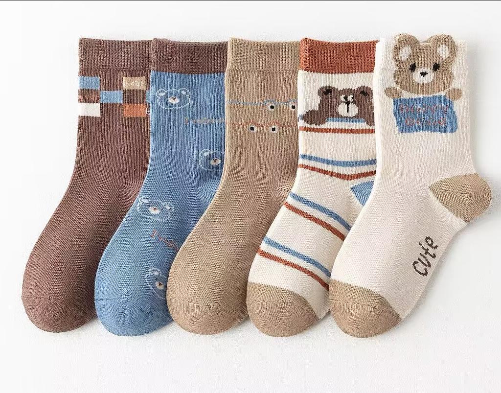 5Pairs Girl Mid-tube Socks Autumn Winter New Style Children's Socks Mid-high Long Dinosaur Cartoon Design Boys Girls 1-14Years