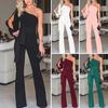 Summer Spring Women Jumpsuit One Shoulder Single Split Sleeve Lace-up Tight Waist Wide Leg Pure Color Formal Style Party Prom Banquet Long Jumpsuit