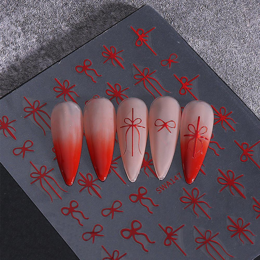1pcs Red Christmas Gift Bow Nail Stickers 3D Metallic Gold Green Red Simple Ribbon DIY Charm Holiday Sliders Manicure Decals R$4