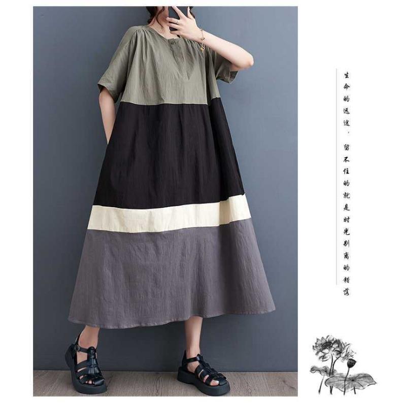Летний Новый Стиль Корейский Стиль Свободный Большого Размера Пэчворк Повседневный Простой Милый Рубашечное Платье