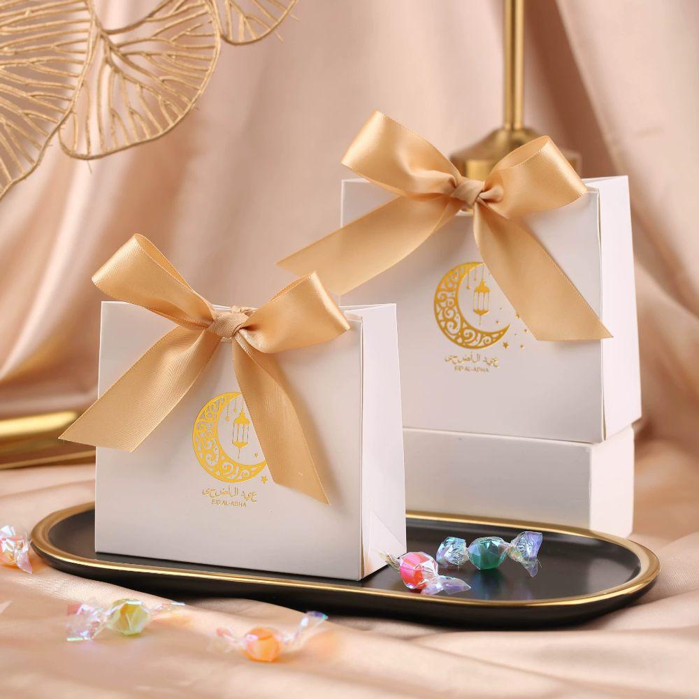 10pcs Party Supplies Silk Ribbon Eid Mubarak Gift Box Paper Moon Star Gift Packaging Box Unique DIY Candy Bags Family Party