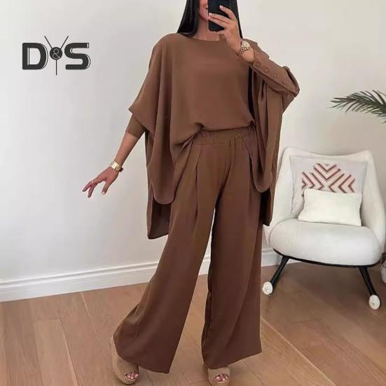 2 шт./комплект женский топ брюки костюм круглый вырез нерегулярный подол рукава летучая мышь однотонная блузка эластичная талия широкие брюки повседневная одежда для поездок на работу