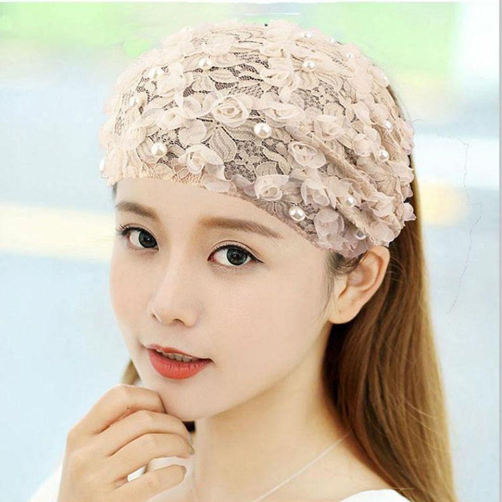 Винтажная сетчатая жемчужная широкая боковая повязка для девочек и женщин, повязка на голову с цветком, корейская кружевная повязка на голову