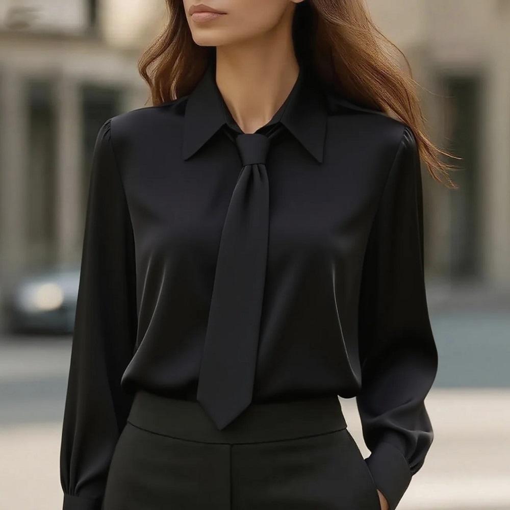 Autumn Long Sleeve Blouses and Shirts for Women Solid Color Casual Business Office Lady Tie Shirts Tops