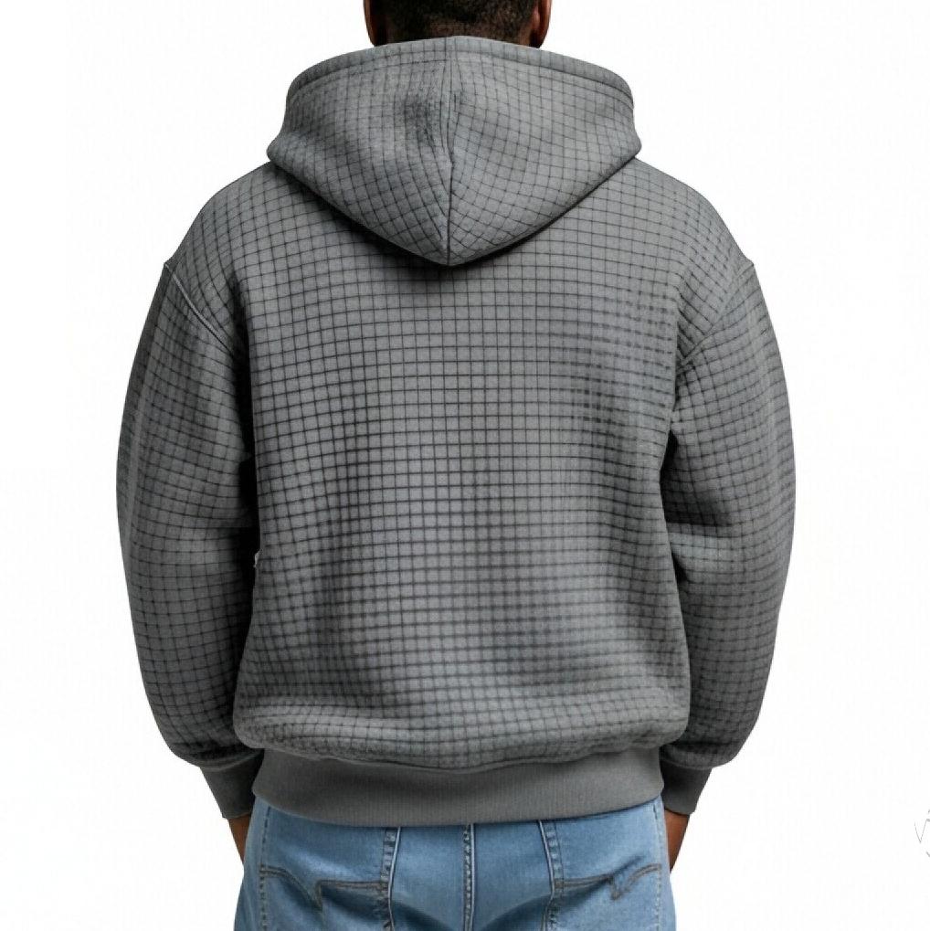Мужской худи-пуловер в клетку с капюшоном на молнии до середины, со шнурком, повседневная спортивная толстовка