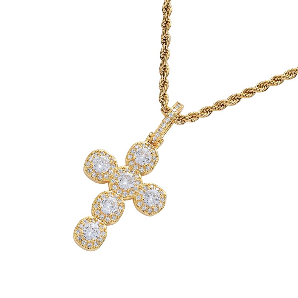 CN077 BLING BLING CZ Cross Pendant Iced Out Gold Plated Rope Chain Necklace Hip Hop Gift Jewelry