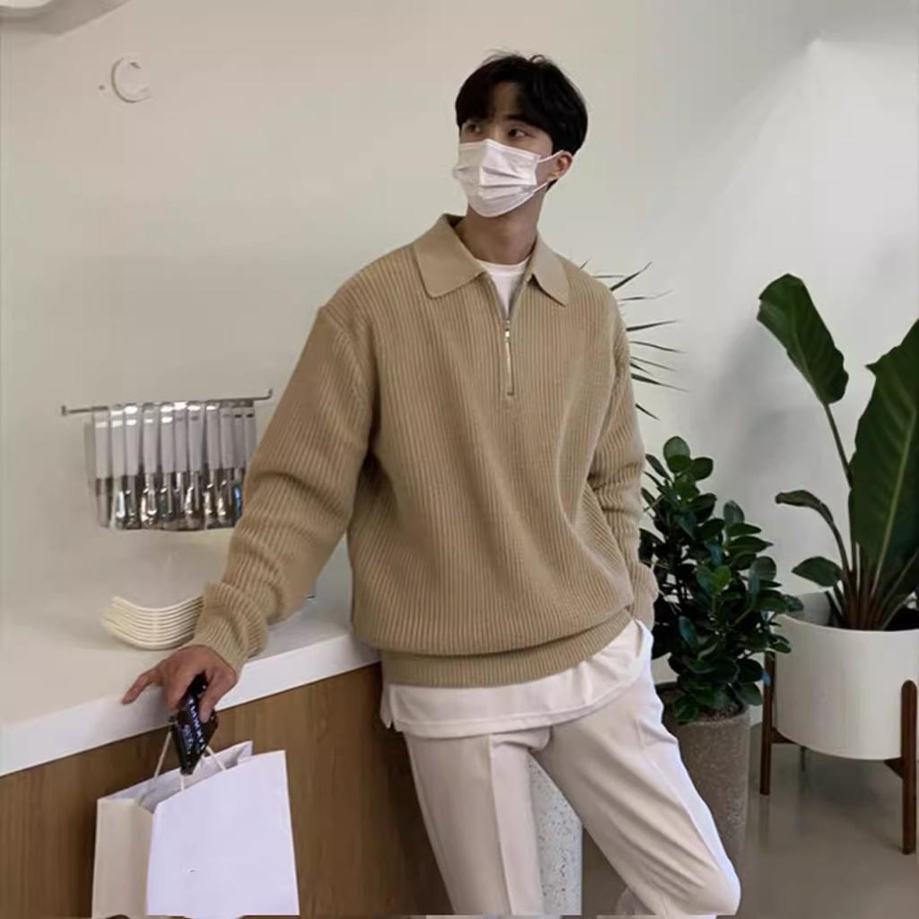 Lapel Sweater Men Warm Fashion Casual Knit Pullover Men Korean Loose Zipper Long Sleeve Sweater Mens Jumper Clothes