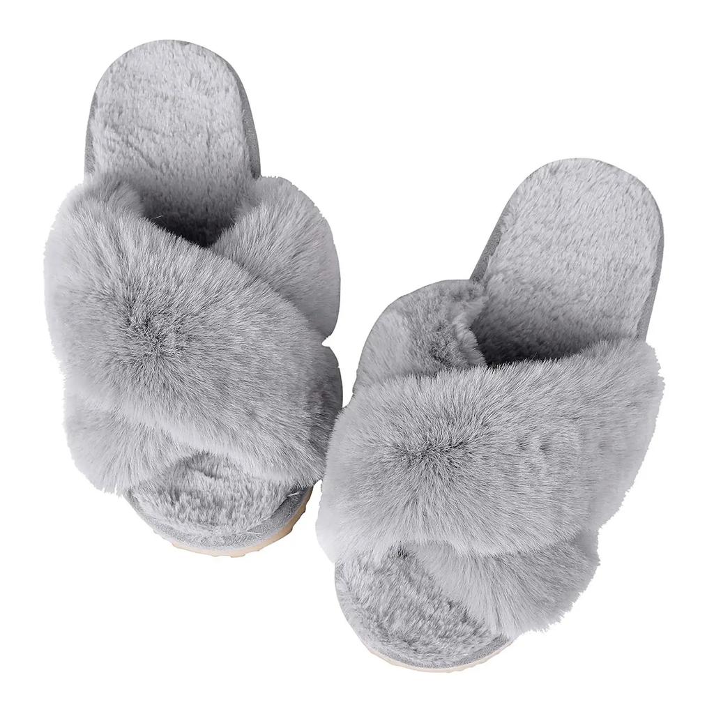 Comwarm Women's Cozy Fuzzy Slippers Open Toe Plush Cotton Flat Indoor Shoes Warm Comfortable Fluffy Slides for Home