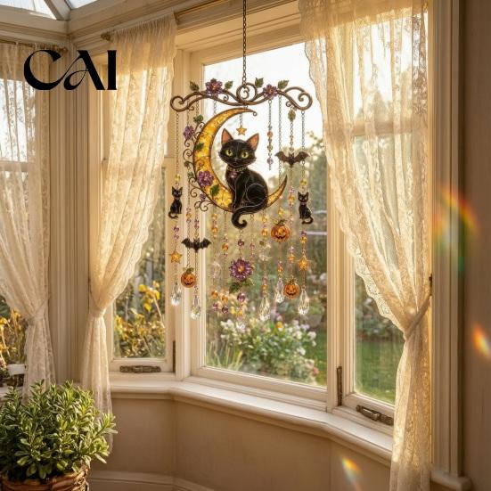 Spooky Window Suncatcher Halloween Wind Chime, Colorful Bird Sun Catcher, Cute Seasonal Party Hanging Decor Ghost Windchime, Decoration for