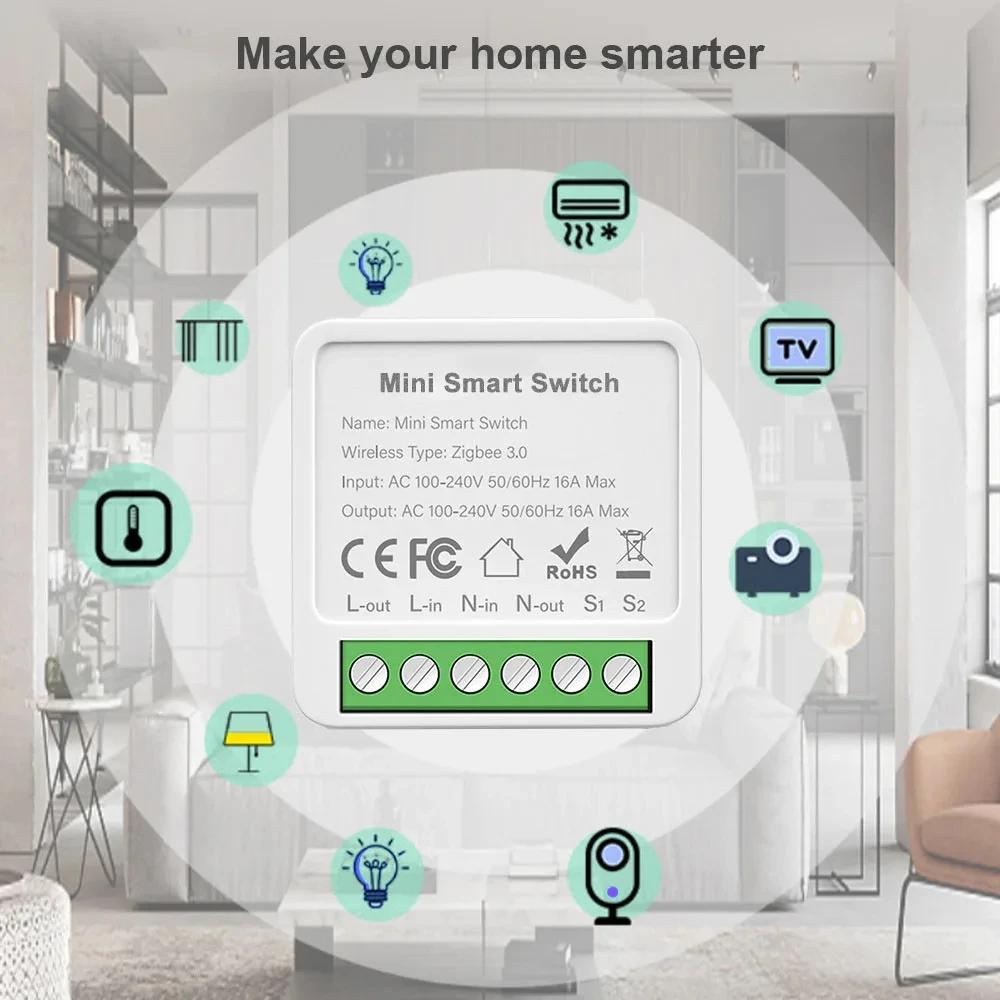 Мини умный модуль переключателя 16А/20А Tuya WiFi ZigBee, реле-автомат для DIY, двухстороннее управление с помощью приложения, пульт ДУ и голосовое управление, работает с Alexa, Google Home, автоматизация