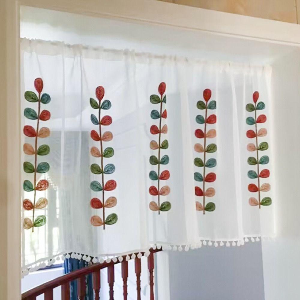 Embroidered Leaves Shower Curtains Four Color Short Curtains Home Decoration Voile Drapes Cafe